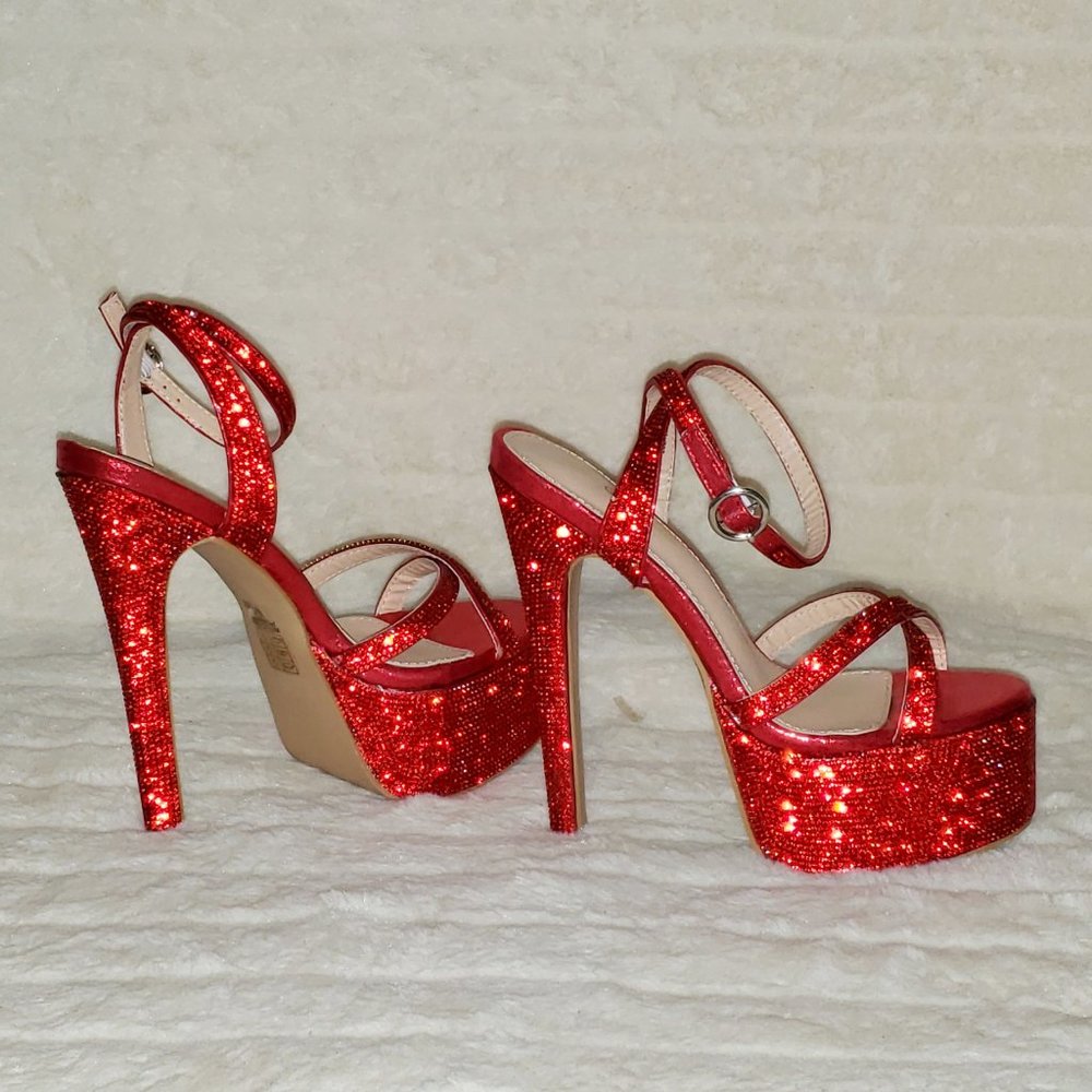 Bejeweled Pandora Bright Red Sparkling Rhinestone Platform 6.5" Heels Shoes